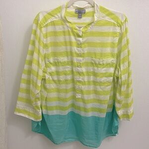 JCP Blouse Silk Blend Lime Green/White/Teal Size 3X Excellent Used Condition